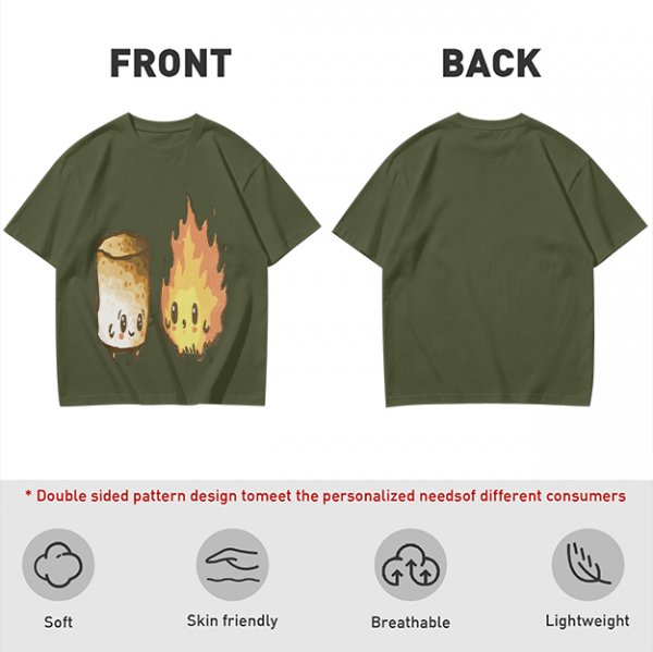 Olive T-Shirt With Cute Roasted Marshmallow And Fire Graphic