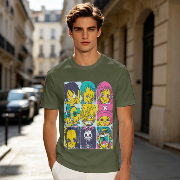 Olive T-shirt with One Piece x Simpsons Style Character Grid Print