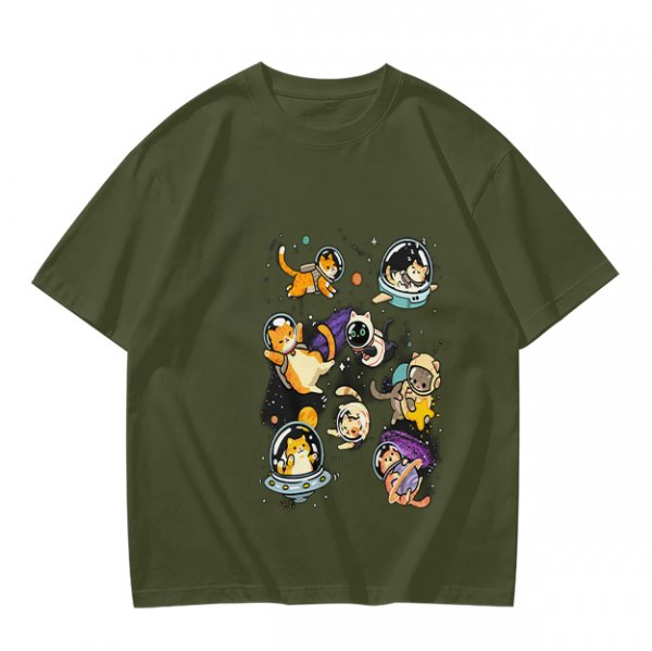 Olive T-Shirt With Playful Space Cats Graphic Print