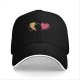Black baseball cap with dancing pizza slice and pink heart design