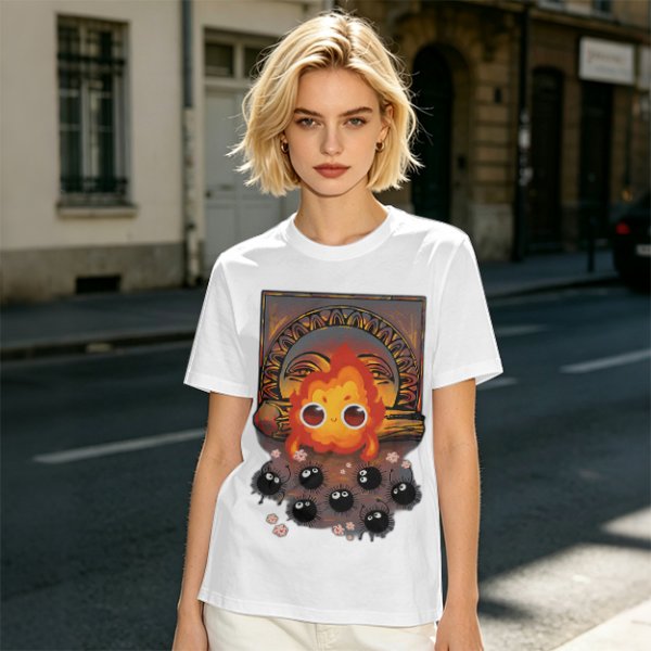Olive t-shirt with Calcifer and soot sprites graphic print