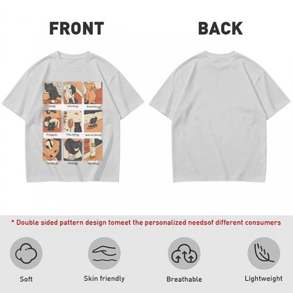 Olive T-Shirt with 9 Grid Cute Cat Illustrations Print
