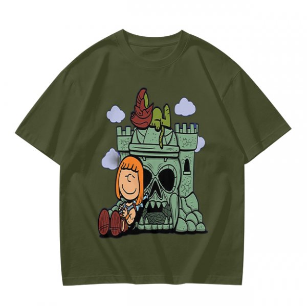Olive T-shirt with Peanuts-style He-Man Castle Grayskull Graphic