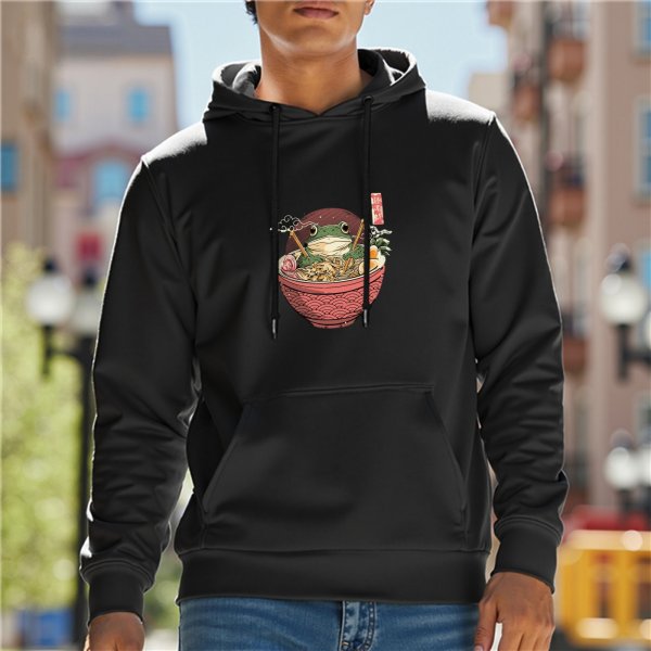 Black hoodie with a frog in a ramen bowl graphic