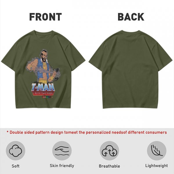 Olive T-shirt with T-Man He-Man parody graphic and 'I Pity The Fool' text