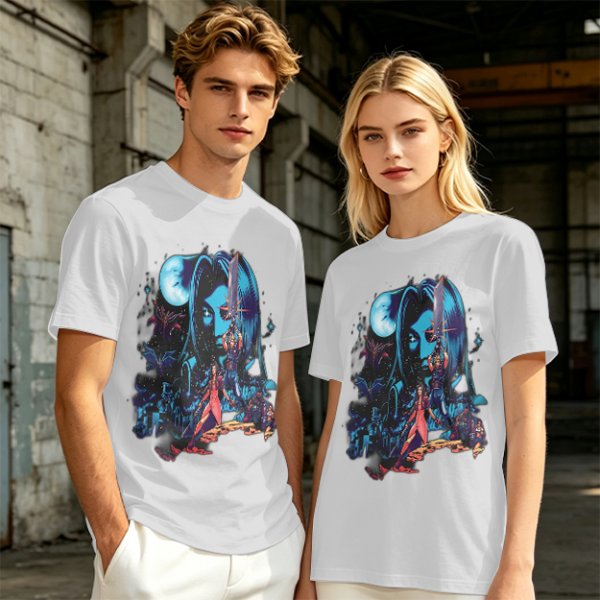 Olive T-shirt with fantasy warrior and moon graphic print