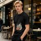 Olive green t-shirt with whimsical elf and dog artwork