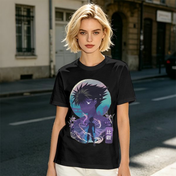 Anime character silhouette graphic tee with stylized purple and blue art