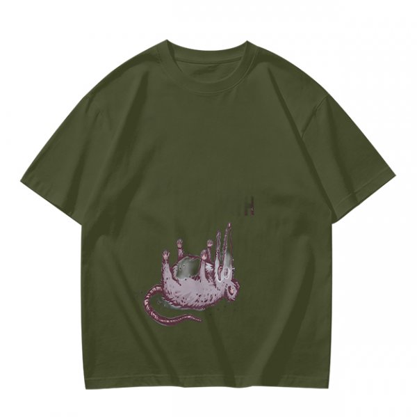 Olive Green T-Shirt With Upside Down Rat Graphic Print