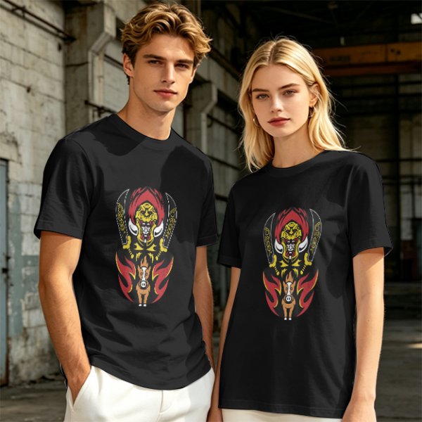 Olive T-Shirt with Tribal Warrior Mask and Horse Graphic Print