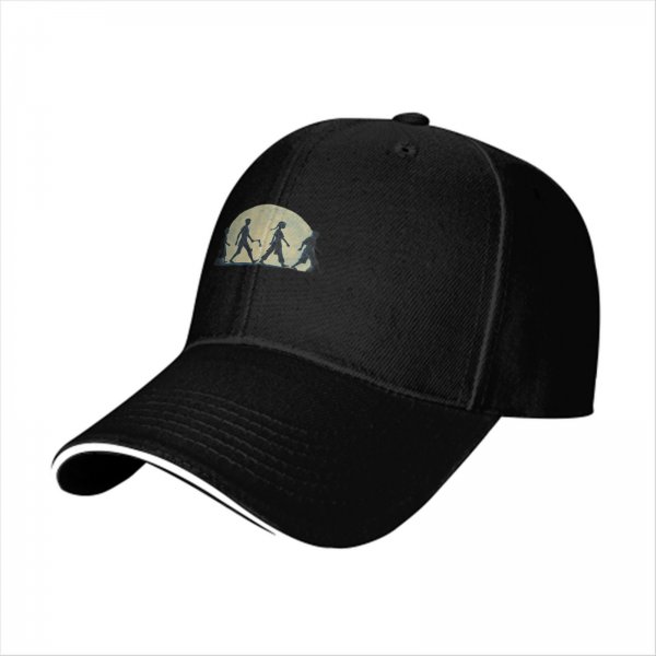 Black baseball cap with walking silhouettes against a moon backdrop