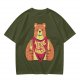 Olive T-Shirt With Happy Bear Holding Fork And Knife Here For Snacks Print