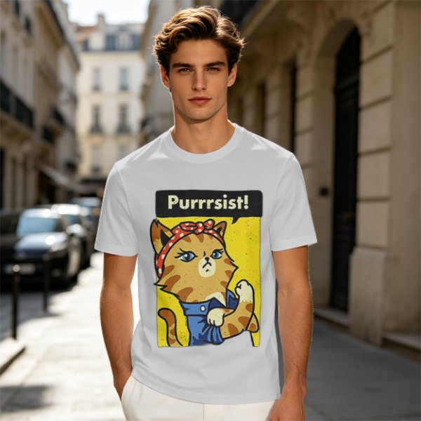 Olive green t-shirt with a cat in a Rosie the Riveter pose and 'Purrrsist!' text