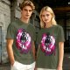 Olive anime cat character graphic t-shirt with pink abstract background