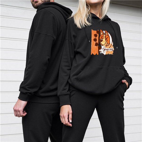 Black Hoodie With Stylized Dog Graphic Print