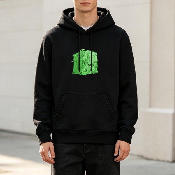 Black hoodie with cute green cube slime graphic