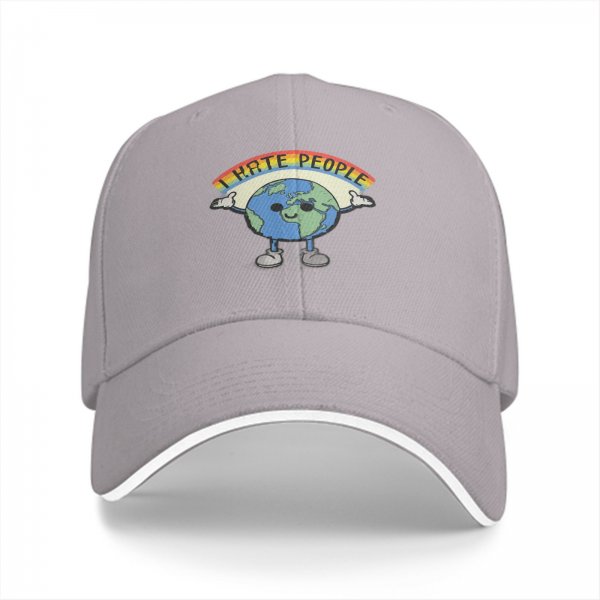 Black baseball cap with cartoon Earth graphic and 'I HATE PEOPLE' text