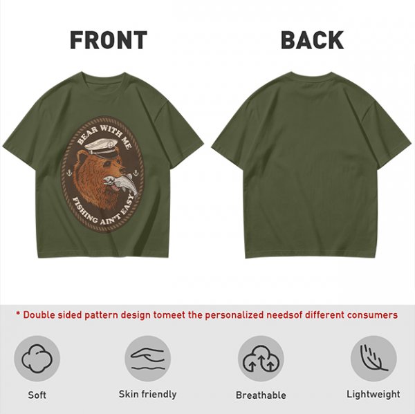 Olive t-shirt with bear captain fishing pun graphic