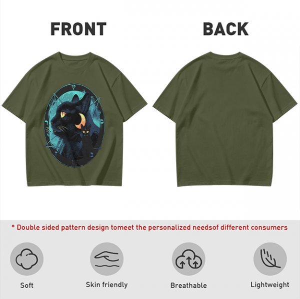 Olive T-Shirt With Black Cat And Crescent Moon Graphic