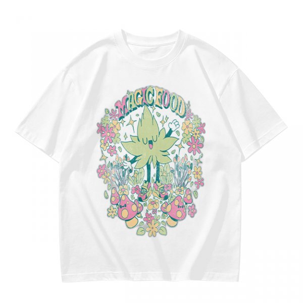 Olive Green Graphic T-Shirt With Whimsical Plant Creature And Floral Print