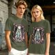 Olive T-Shirt with UFO Abducting Cat Over Burning City