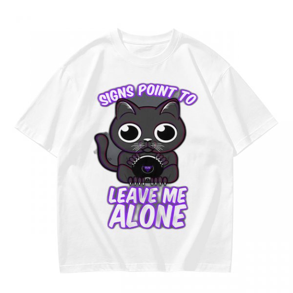 Olive t-shirt with a black cat holding a magic 8 ball and text 'Signs Point To Leave Me Alone'