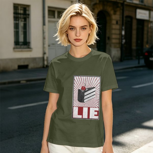 Olive Graphic T-Shirt With Cake Slice And 'LIE' Print