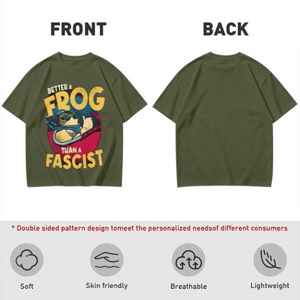 Olive graphic t-shirt with 'Better a Frog Than a Fascist' pilot frog design