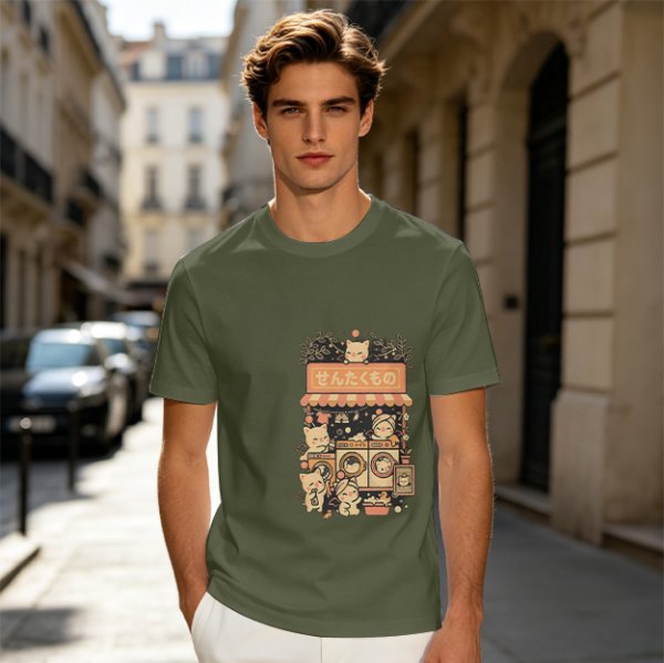Olive T-Shirt With Cute Cats Doing Laundry Graphic