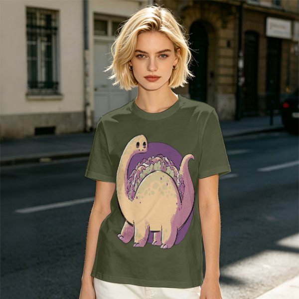 Olive T-Shirt with Cute Brontosaurus Taco Dinosaur Graphic
