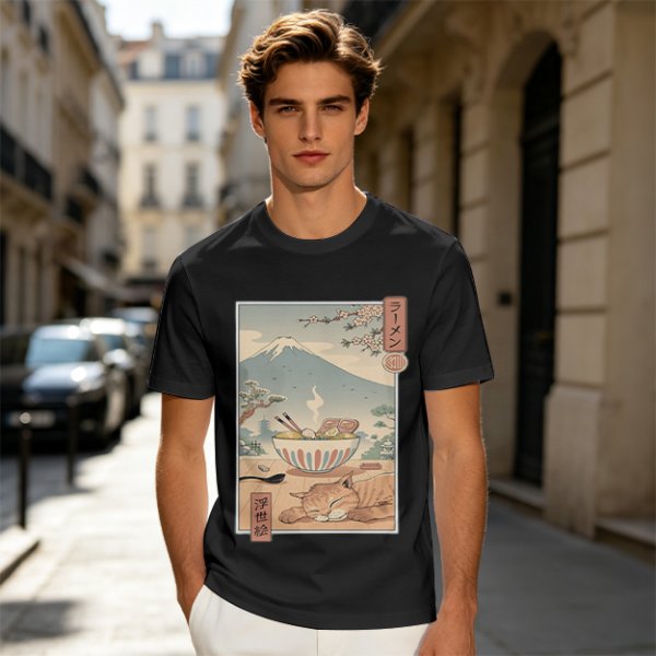 Olive t-shirt with ukiyo-e style ramen cat and Mount Fuji print