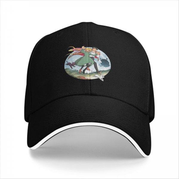 Black Baseball Cap with Howl’s Moving Castle Dancing Characters Print