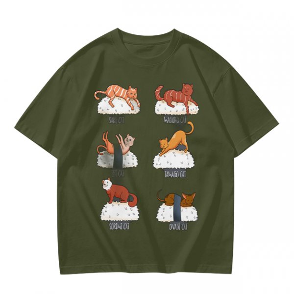 Olive green t-shirt with sushi cat illustrations