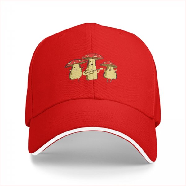 Black baseball cap with singing mushroom band graphic