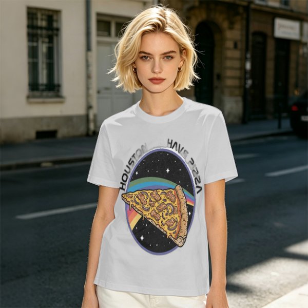 Olive t-shirt with space pizza graphic and Houston have pizza text