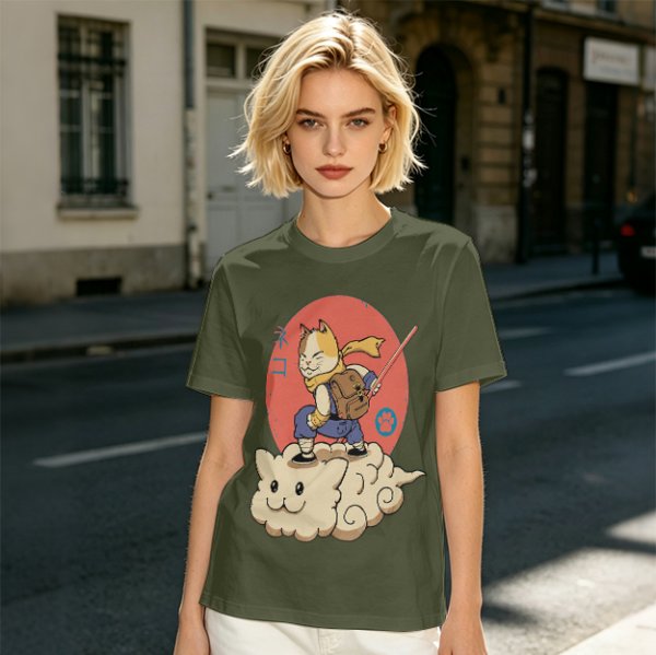 Olive T-shirt with a cat warrior riding a flying cloud graphic