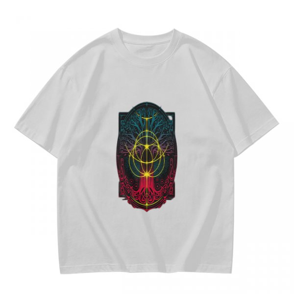 Olive Green T-Shirt With Colorful Mystical Geometric Tree Print