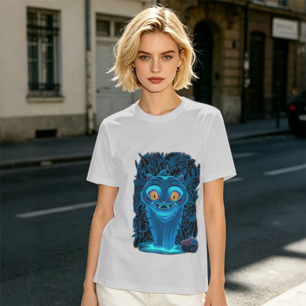Olive T-shirt with Glowing Blue Cheshire Cat Graphic