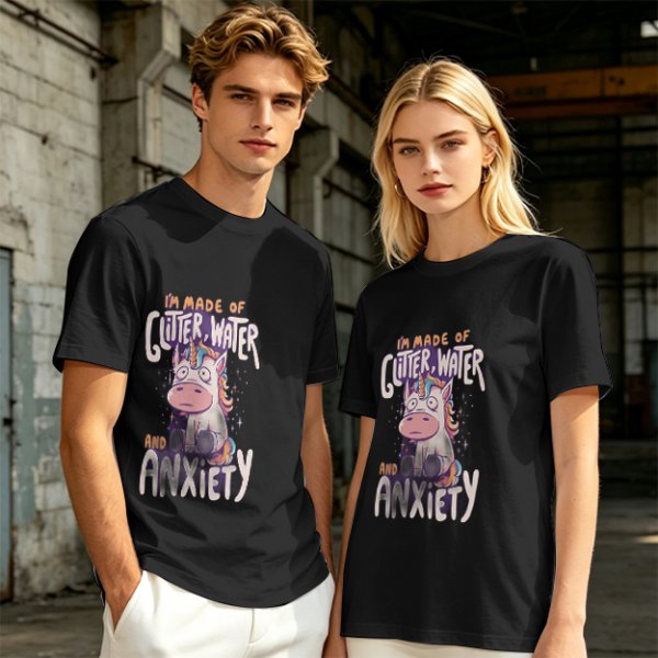 Olive t-shirt with anxious unicorn glitter water and anxiety print