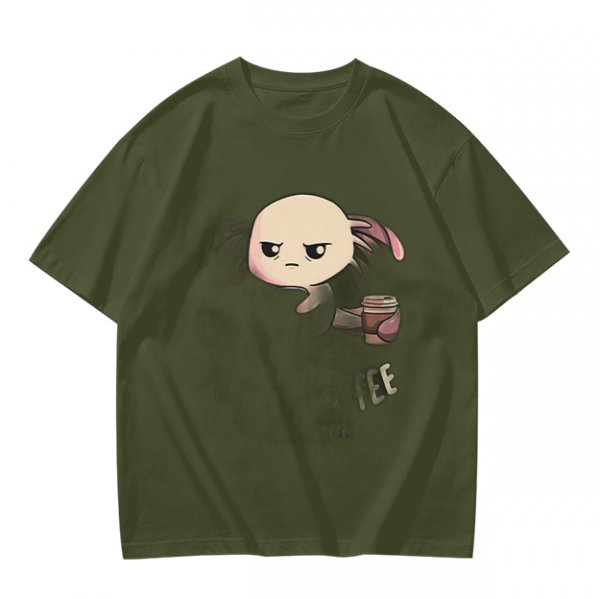 Olive T-shirt with Grumpy Axolotl Holding Coffee Print