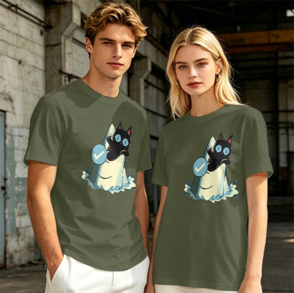 Olive T-Shirt With Black Cat Emerging From Wave Check Mark Print