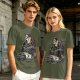 Olive T-shirt with Ghostface driving a Ghostbusters-style car graphic