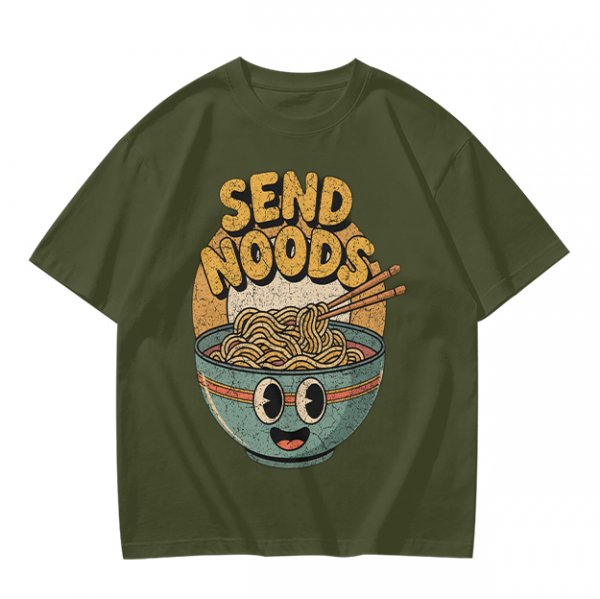 Olive Green T-Shirt With Retro Send Noods Ramen Bowl Graphic