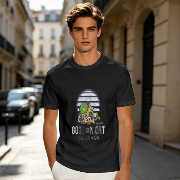 Olive green graphic t-shirt with Tonberry 'Good Night' print