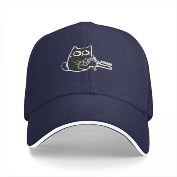 Black Baseball Cap With Cute Cat Holding Chainsaw Purr Print
