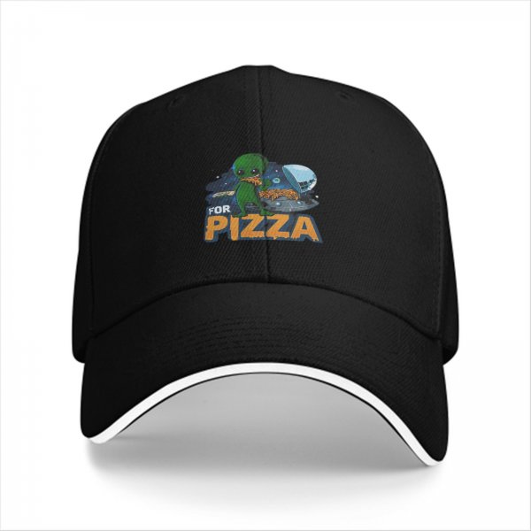 Black baseball cap with alien eating pizza and 'FOR PIZZA' text