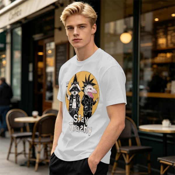 Olive graphic tee with punk raccoon and opossum 'Stay Trashy' print