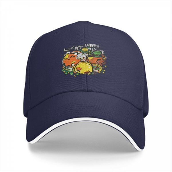 Black baseball cap with Lucky Vibes Only lucky cat and gold pot graphic