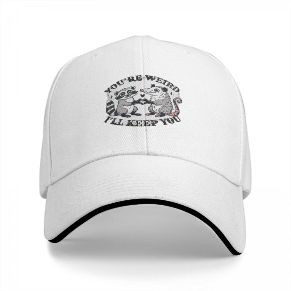 Black baseball cap with raccoon and opossum weird love graphic