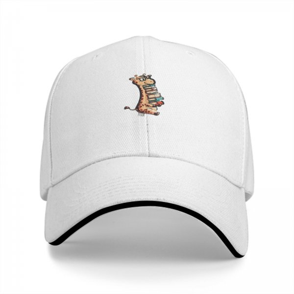 Black baseball cap with cute giraffe holding stack of books